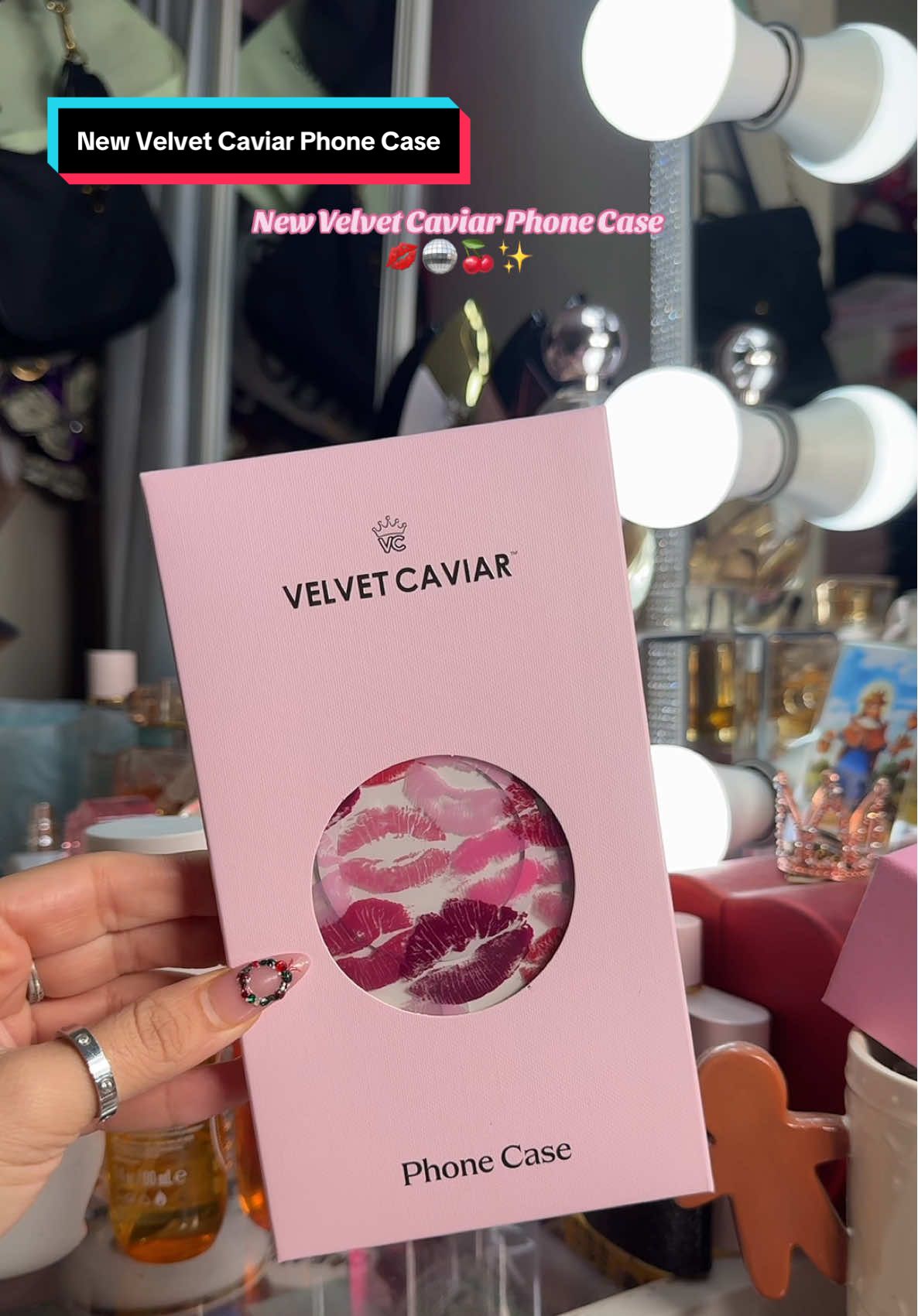 TikTok post by @fatimarodarte6 for VELVET CAVIAR. Caption reads: New iPhone Case 💋🪩🍒✨ @velvetcaviar ....