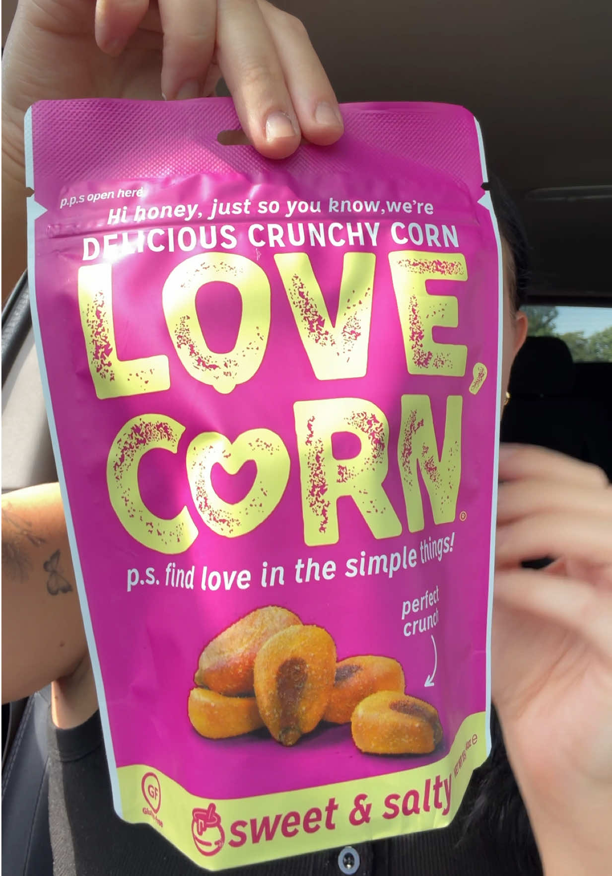TikTok post by @emmafayedocherty for LOVE CORN. Caption reads: Love Corn sweet and salty flavour crunchy corn ✨....