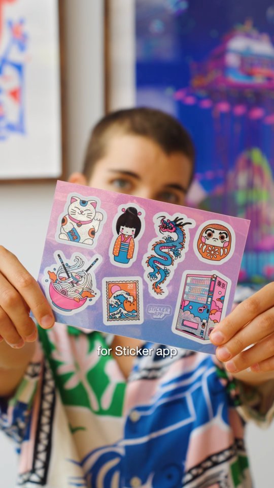 Instagram post by @camila_illustration for StickerApp. Caption reads: So excited to share this Japan-inspired sticker....