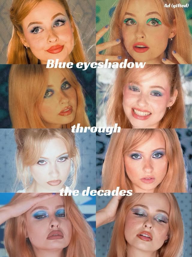 Instagram post by @ellieloveux for about-face beauty. Caption reads: Blue eyeshadow through the decades💙....