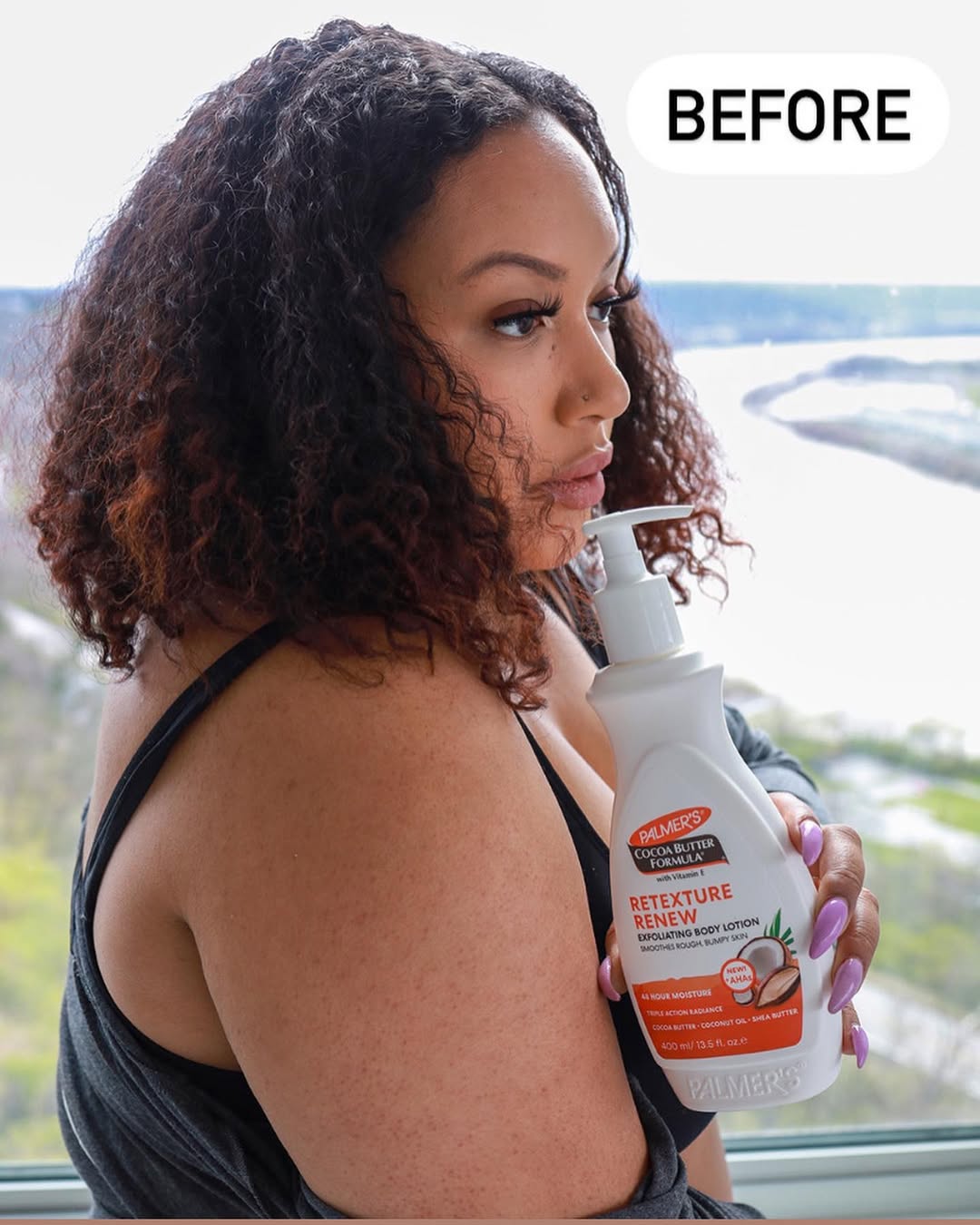 Instagram post by @morganangeliqueowens for PALMERS. Caption reads: Skin Challenge, Accepted! 🧴
.
.
#ad I took the....