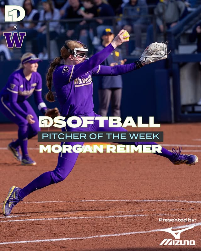 Instagram post by @b1gsoftball for D1Softball.com. Caption reads: Pitcher of the Week: Morgan Reimer, Washington....