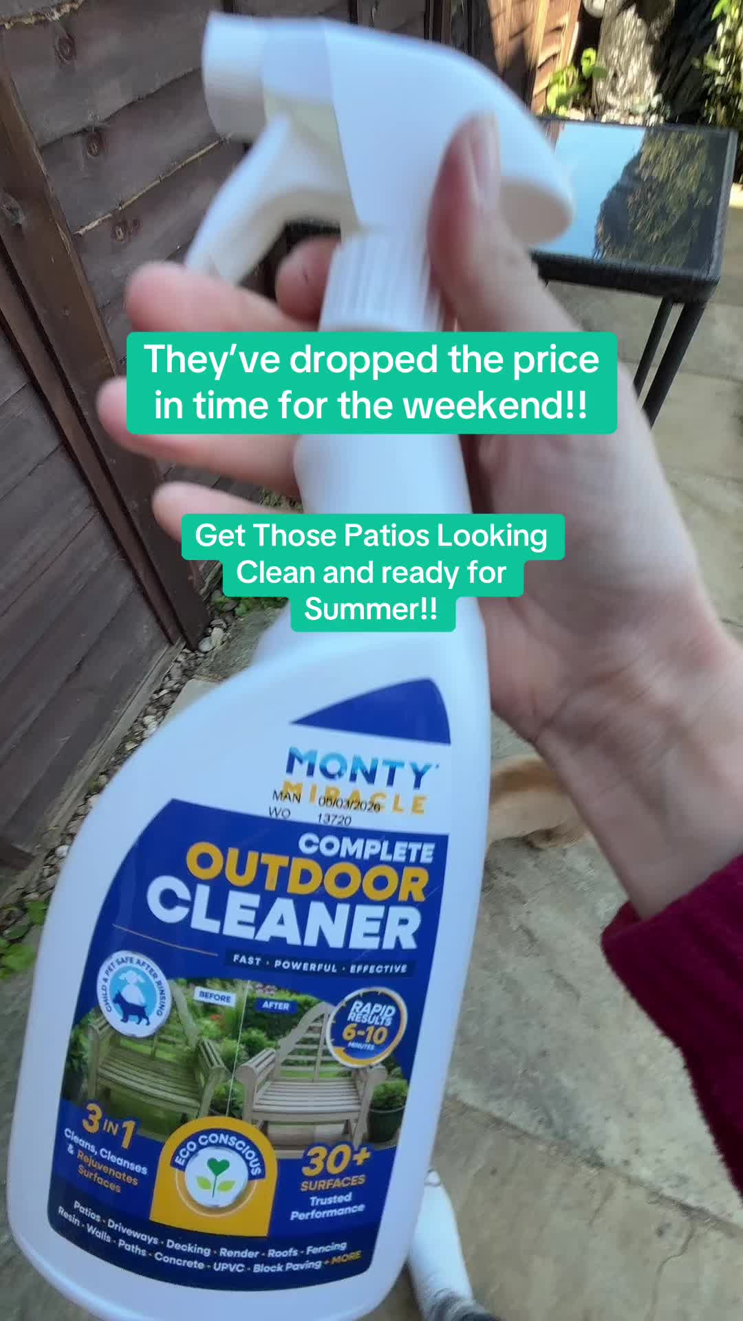TikTok post by @emmalou_38 for Monty Miracle. Caption reads: @Monty Miracle for easy to clean patios!! #patio....
