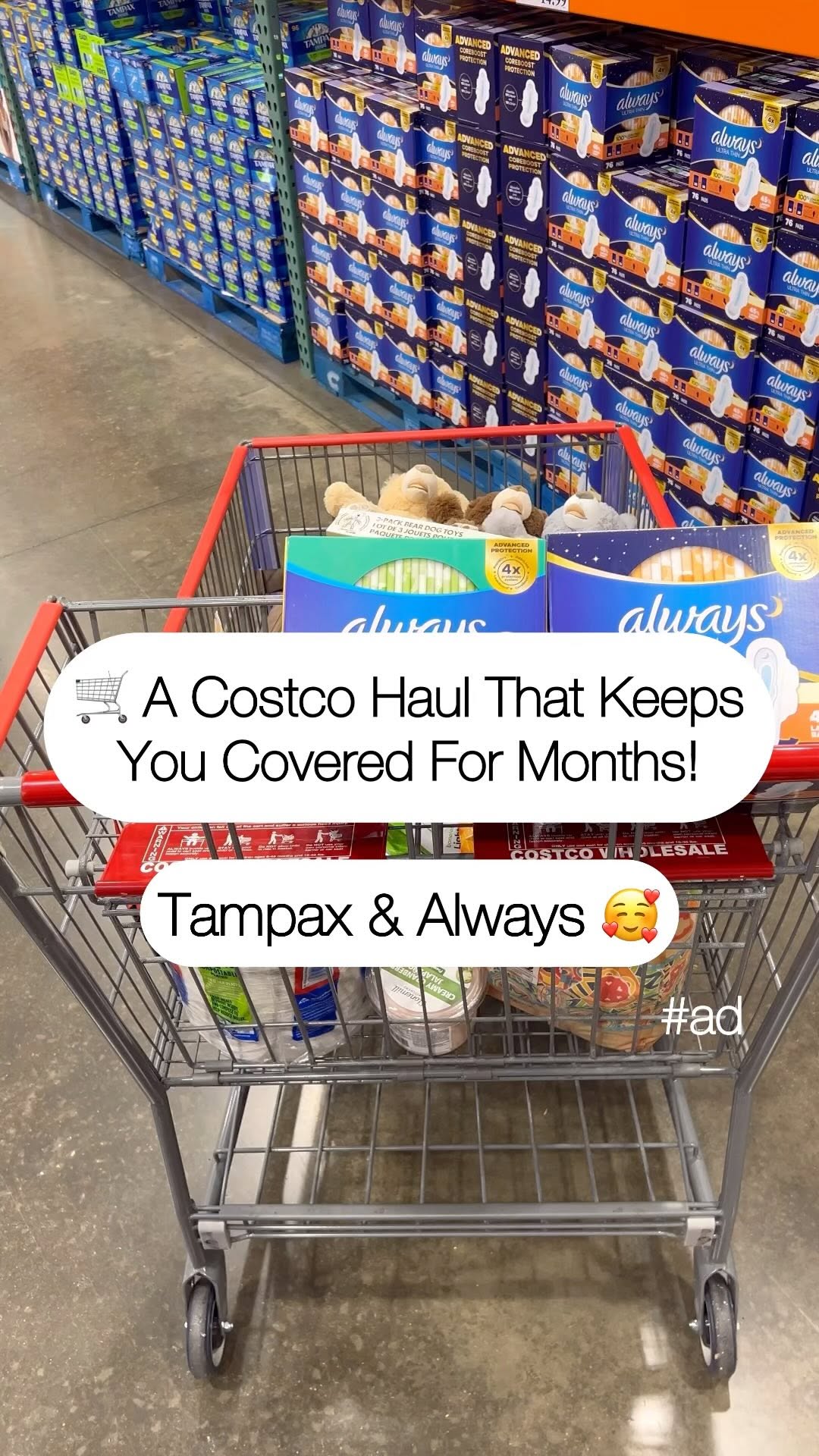 Instagram post by @costcohotfinds for Tampax. Caption reads: #ad 💕Always be prepared for when your monthly....