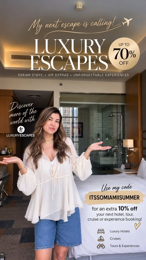 Instagram post by @itssomiamii for Luxury Escapes. Caption reads: [...] available until October 31st. 🥂✈️....