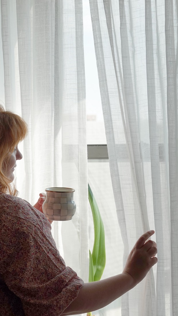 Instagram post by @kate_romanoff for Twopagescurtains. Caption reads: Soft light, quiet lines, and a feeling of air....