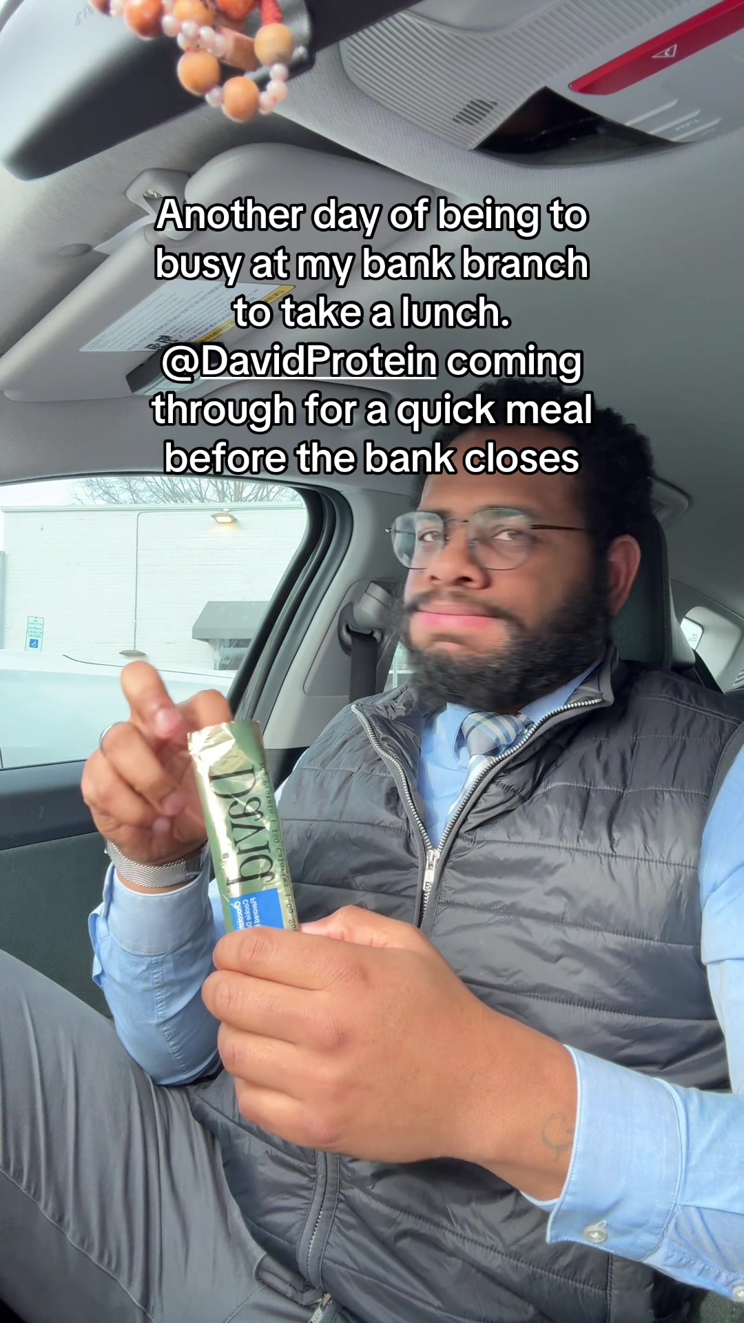 TikTok post by @realest_branchmanager for David Protein. Caption reads: [...] #bank #lunchbreak @David Protein.