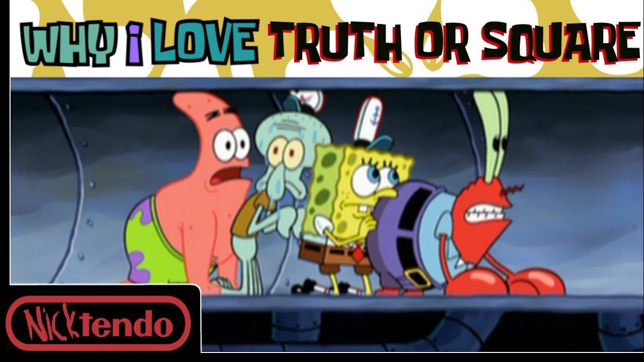 YouTube post by @NICKtendoReviews for Amino Apps. Caption reads: Why I Love SpongeBob's Truth or Square Special.