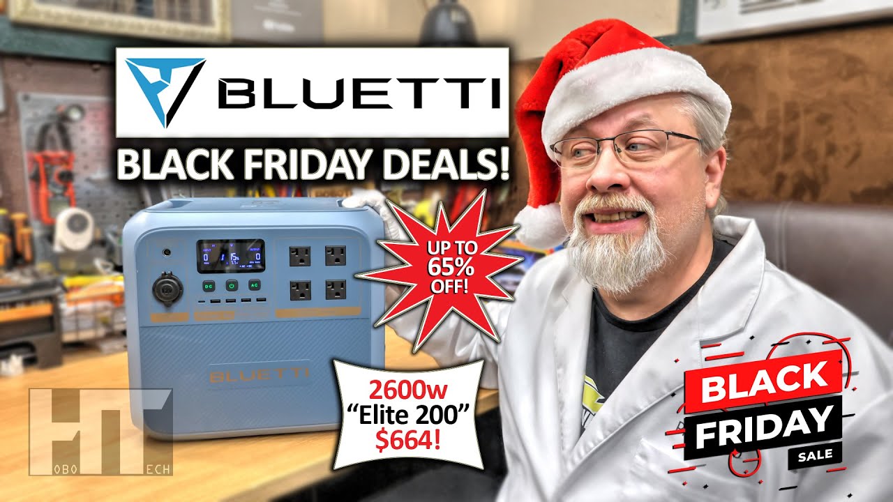 YouTube post by @HOBOTECH for BLUETTI. Caption reads: BLUETTI | Black Friday DEALS on Solar Generator....