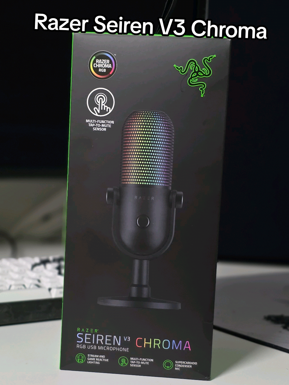 TikTok post by @ishadowzera for Razer. Caption reads: This is the Razer Seiren V3 Chroma 💚....
