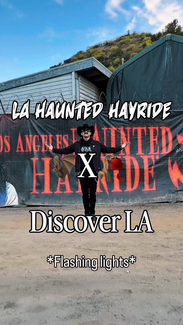 Instagram post by @themilomunster for Discover Los Angeles. Caption reads: This Texan loves a good Haunted Hayride!....