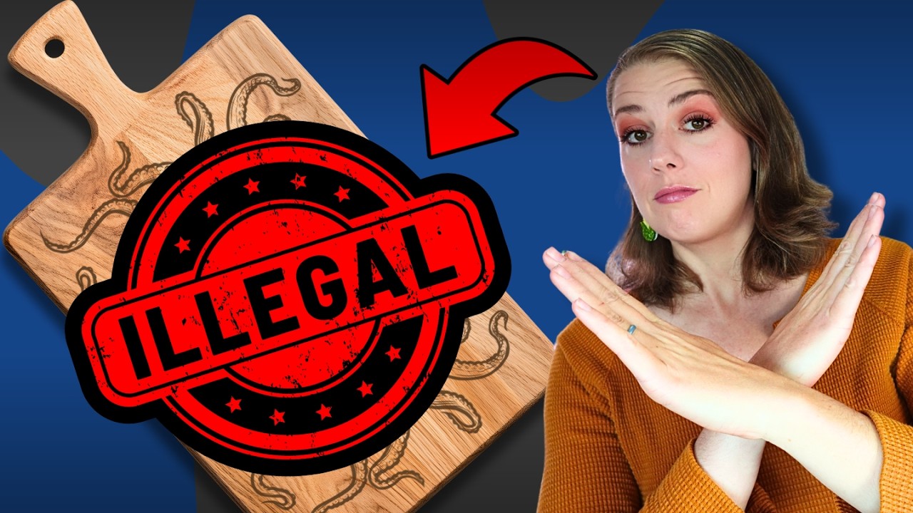 YouTube post by @LaserLady for Kittl. Caption reads: Your Laser Designs Could Get You SUED.