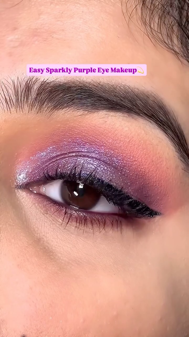 Instagram post by @samiksha.seekary for Praush Beauty. Caption reads: Save this easy sparkly purple eye makeup for this....