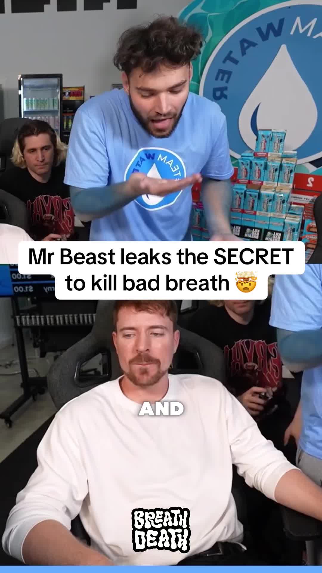 TikTok post by @thedealmingle for Breath Death. Caption reads: [...] Mr Beast his new breath product! 👇 @Breath....