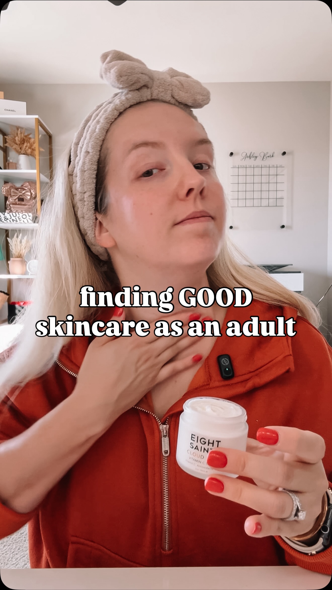 Instagram post by @ashleyburkblog for Eight Saints Skincare. Caption reads: yes, i’m aware the bow headband is SO extra, tysm....