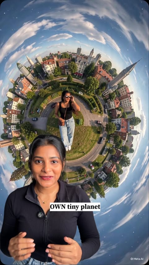Instagram post by @muddhugummaaa for Meta AI. Caption reads: [...] turned my world into a tiny planet 🌍✨....