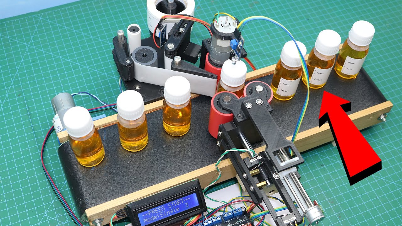 YouTube post by @EasyHomeMadeProjects for Banggood. Caption reads: DIY Full Automatic Bottle Labeling Machine using....