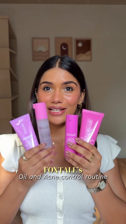 Instagram post by @vridhijhanwar for Foxtale. Caption reads: [...] the full Oily and Acne Prone range from....