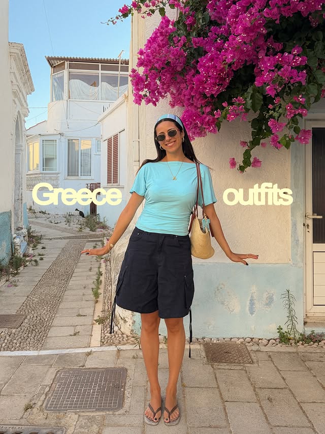 Instagram post by @andy.chajon for VILA. Caption reads: all outfits I wore in Greece! 🇬🇷🦋🐟 I don’t....