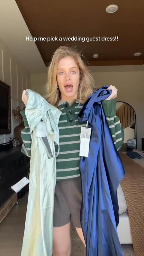 Instagram post by @sarah_wolak for REVOLVE. Caption reads: [...] my #weddingguestdress !!!!....