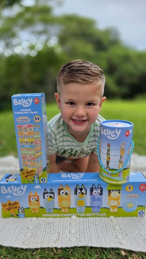 Instagram post by @raisingfourfletchers for Prima Toys. Caption reads: This Bluey Wooden Range brings endless fun, a....