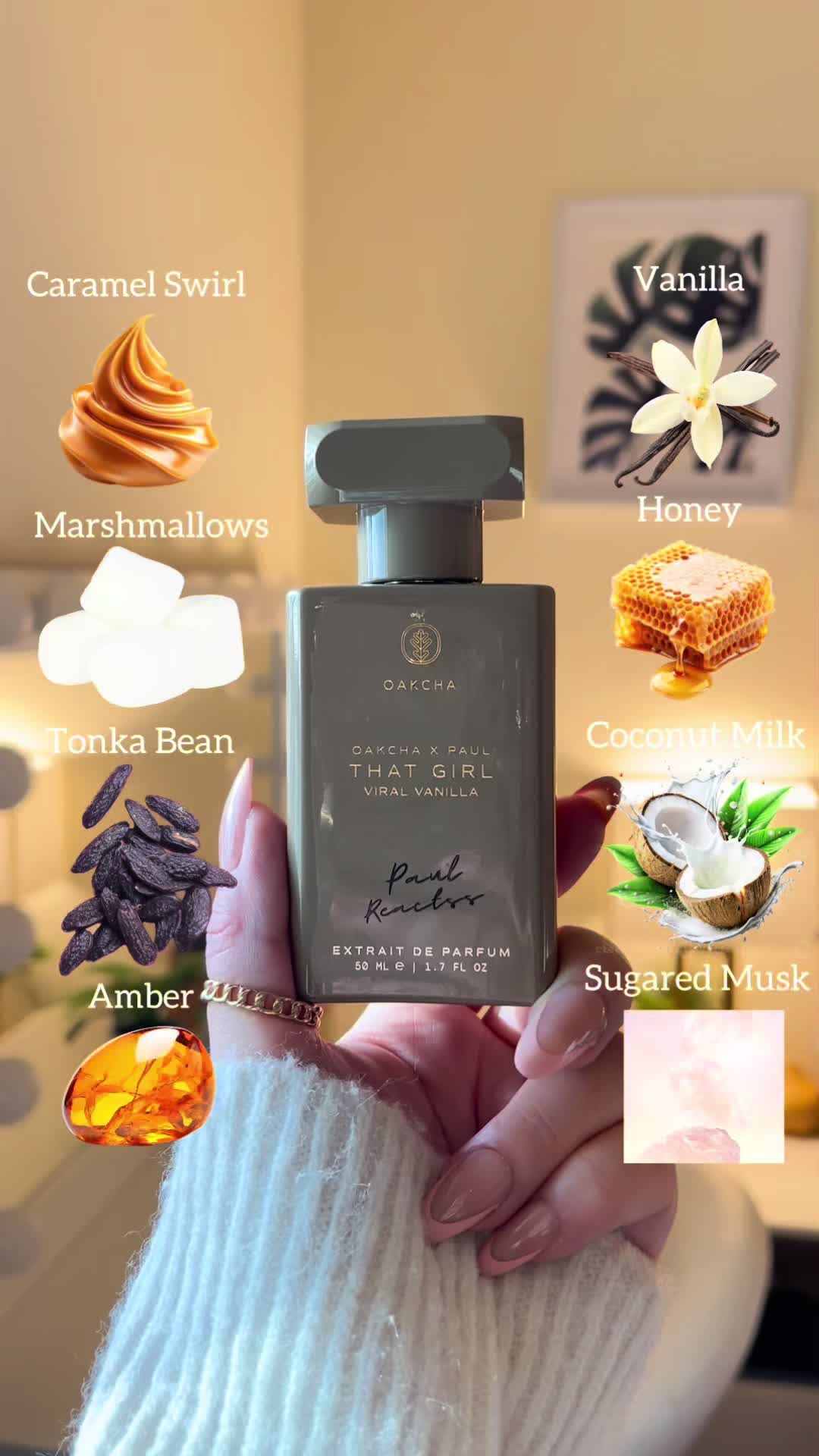TikTok post by @gabbyfragrances for Oakcha. Caption reads: [...] Girl Viral Vanilla 🍨🥮🍦🍮 @Oakcha Must....