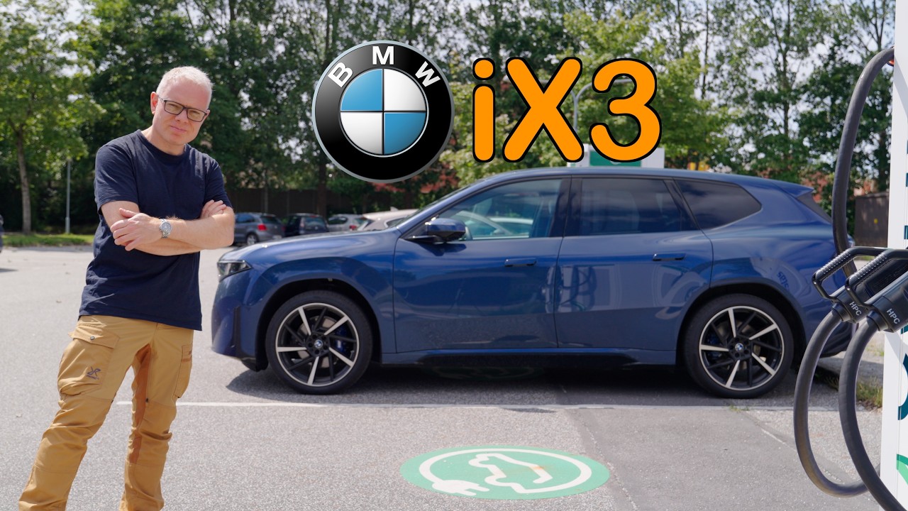 YouTube post by @BilerTV for GreenCarGear.dk. Caption reads: BMW iX3 Neue Klasse bliver her testet på....