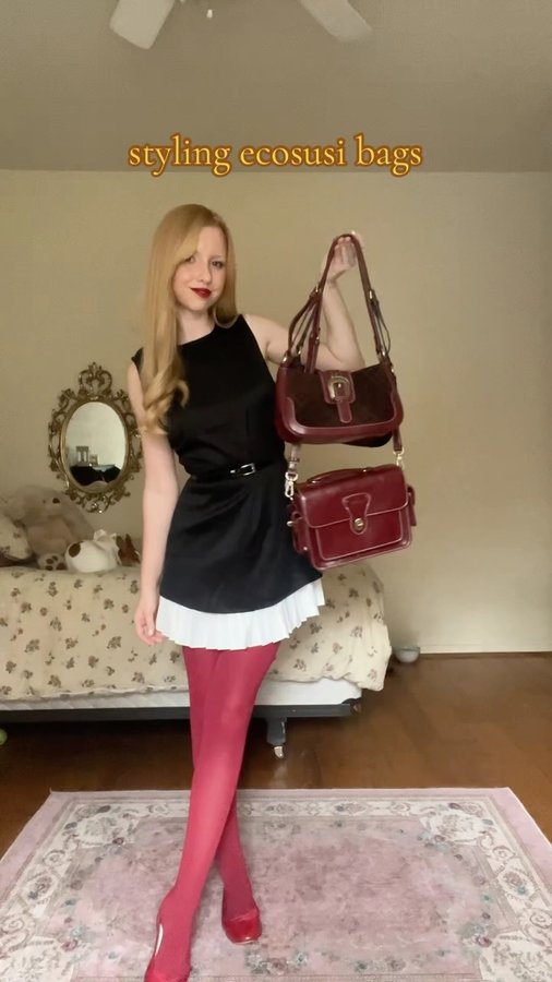 Instagram post by @romneyellen for Ecosusi. Caption reads: holiday outfits with @ecosusi_vintage 💌 discount....