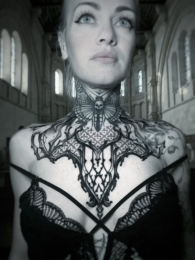 Instagram post by @lahhel for FK Irons Worldwide. Caption reads: Front piece for the incredible @blondietattooing....