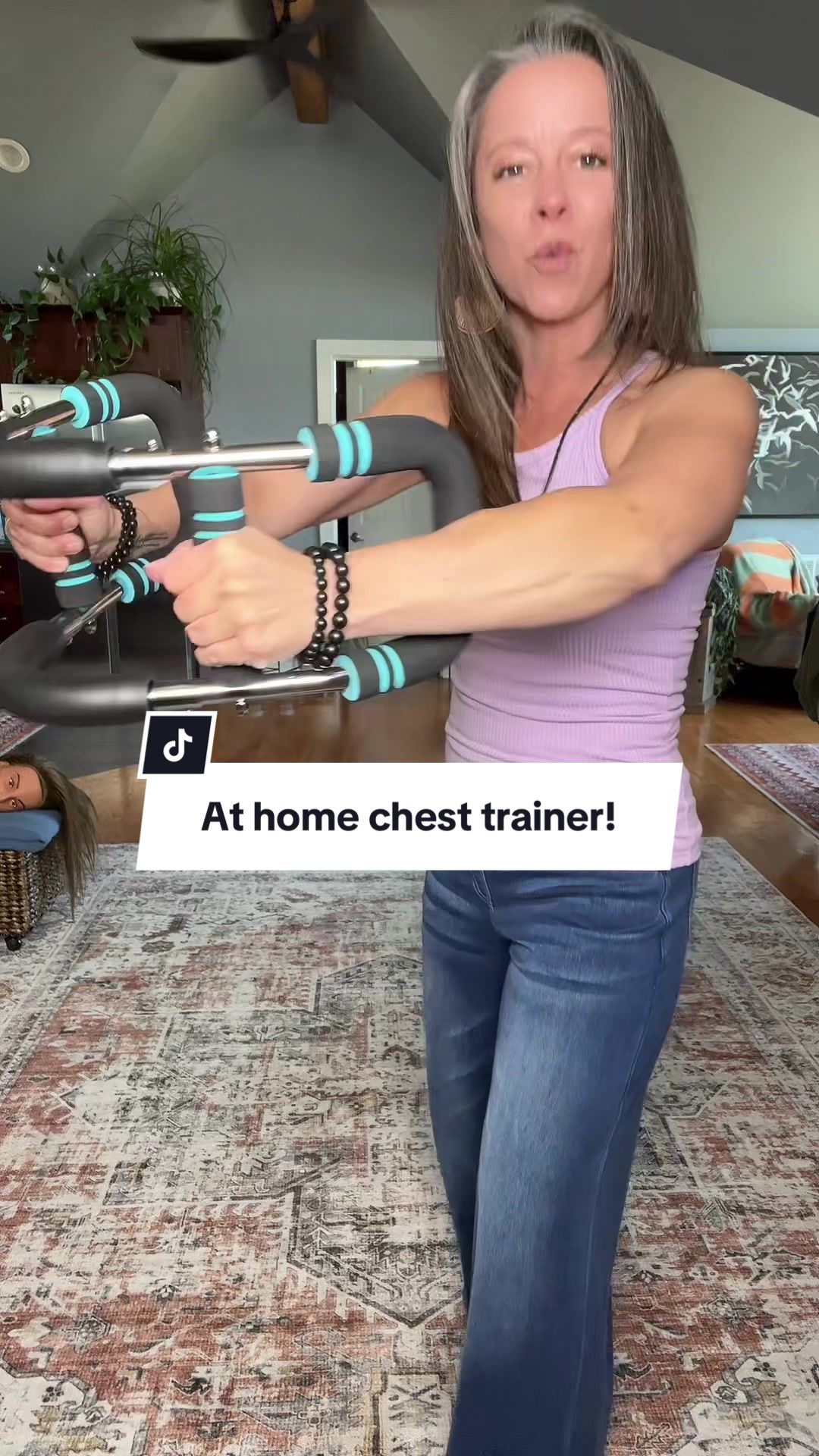 TikTok post by @susanstiktokthings for Hotwave. Caption reads: [...] #WorkoutFromHome #ChestWorkout @HOTWAVE.