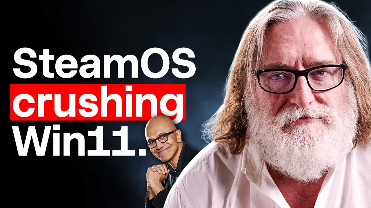 YouTube post by @BellularNews for Bloomberg. Caption reads: SteamOS Is Slaughtering Windows, And Microsoft....
