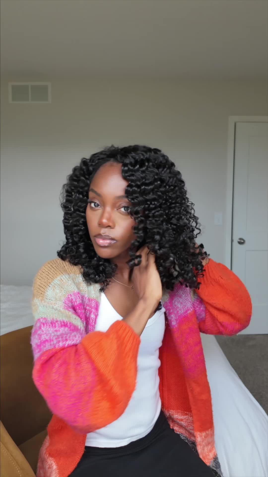 TikTok post by @sabrina.idriss for Vshow Hair. Caption reads: [...] curly twist finger coil half wig from @VSHOW....