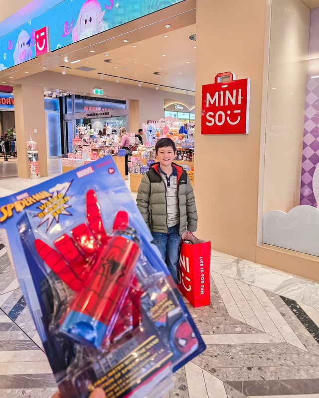 Instagram post by @clearspringsfarm_au for MINISO. Caption reads: 🕸️ MINISO x Spider‑Man just dropped and Tyler is....