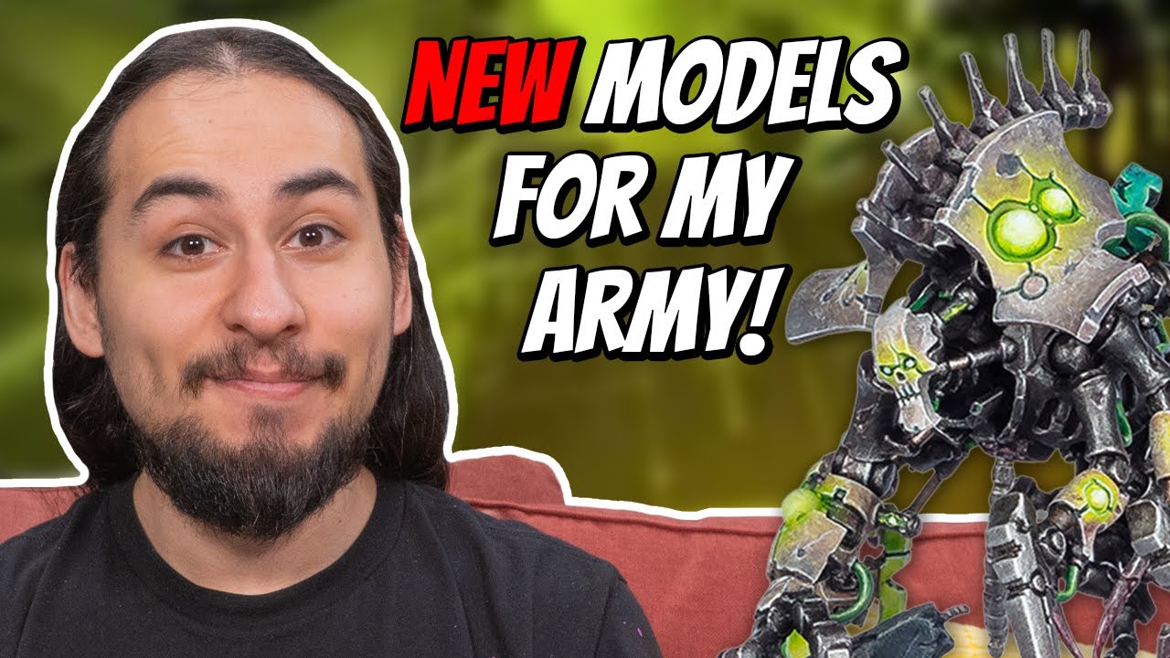 YouTube post by @EonsOfBattle for MyMiniFactory. Caption reads: NEW Models for The Necrons in Warhammer 40k!.