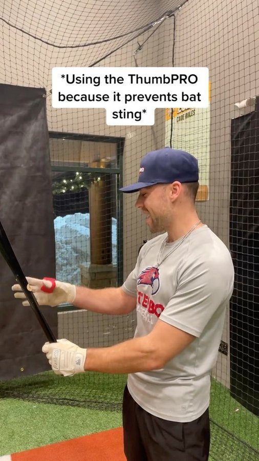 Instagram post by @ryanellingson8 for ThumbPRO Baseball. Caption reads: ThumbPRO gives players more zing and less sting....