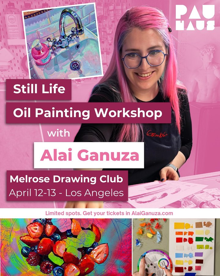 Instagram post by @alaiganuza for Trekell Art Supplies. Caption reads: 🩷Come paint with me in Los Angeles! Let’s join....