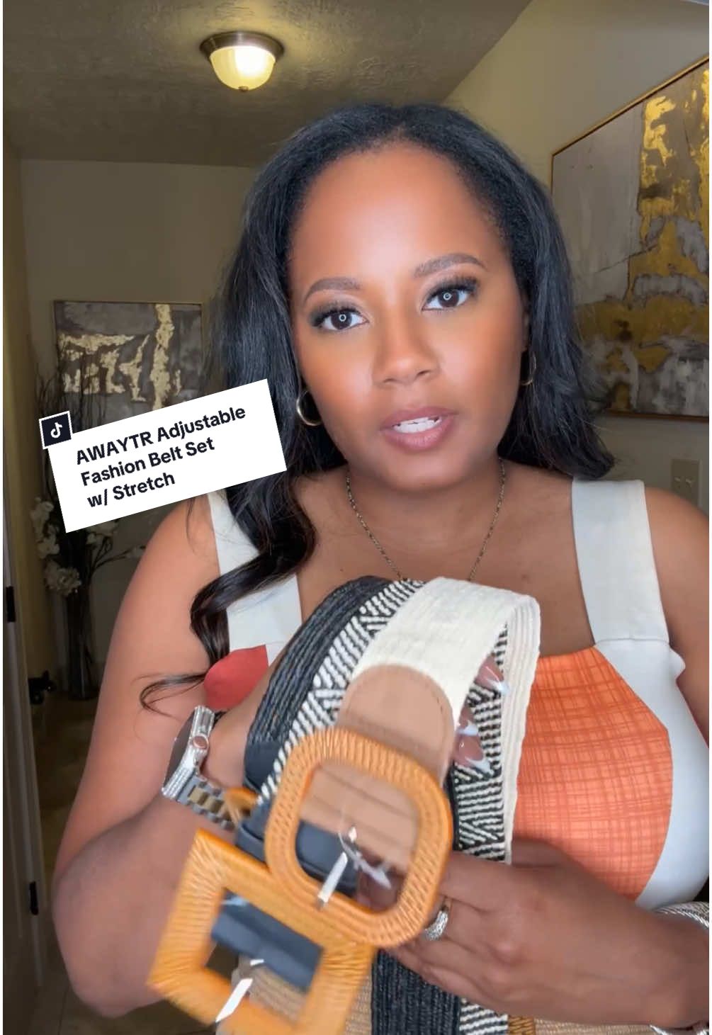 TikTok post by @exquisitelenz for Awaytr. Caption reads: [...] #adjustablebelts #fashionbelts @Awaytr Store.