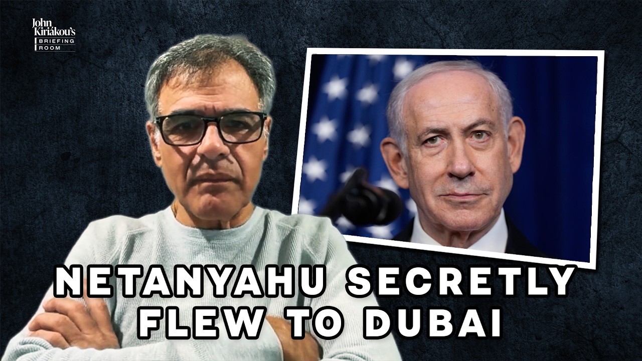 YouTube post by @realjohnkiriakou for DeleteMe. Caption reads: Netanyahu Secretly Flew to Dubai: Now We Know Why....
