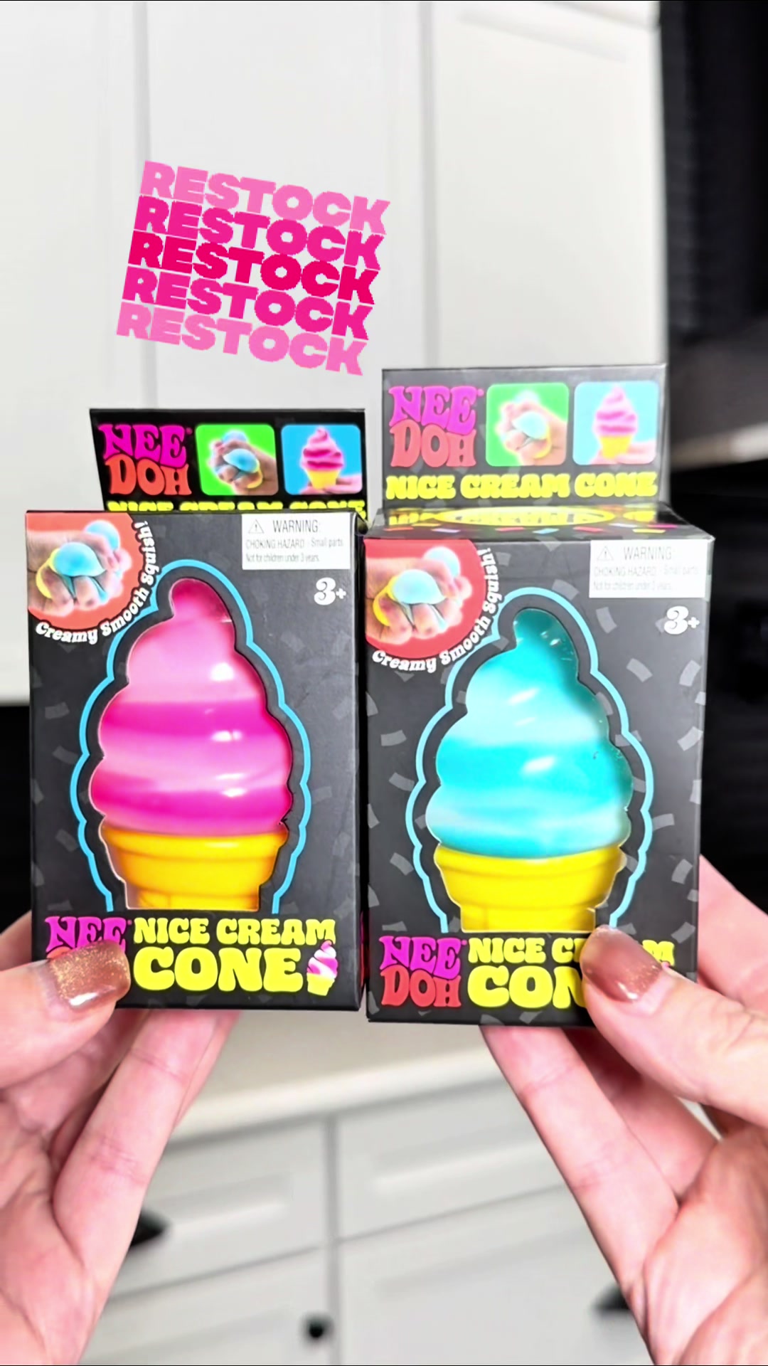 TikTok post by @loved_by_jen for NeeDoh (Schylling). Caption reads: 🔥 NeeDoh RESTOCK! N’ice Cream Cone just loaded in....