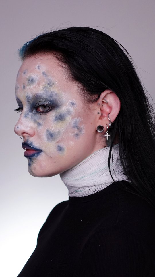 Instagram post by @byhazelj for MCoBeauty. Caption reads: Halloween makeup 10/31 - gross but glam 🦠 
Ib....