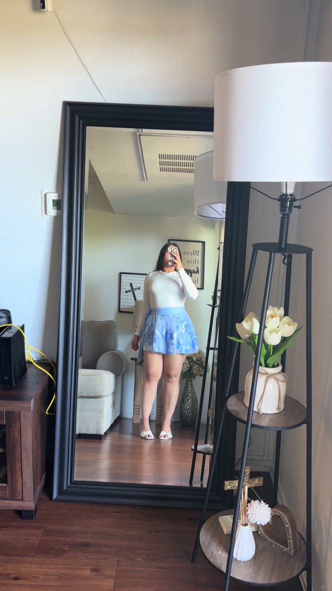 TikTok post by @by.morgan.lopez for OYV-Fashion. Caption reads: @OYV-Fashion 🩵🤍 #oyvfashion #skirt #skirtoutfits....