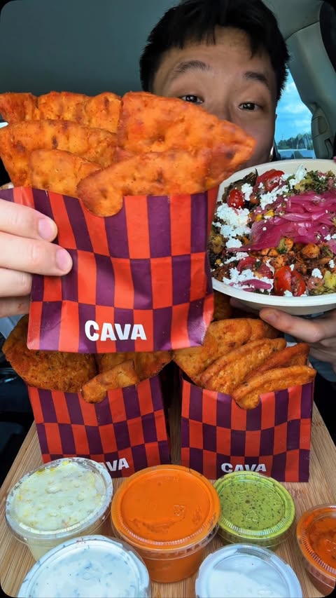 Instagram post by @shhhhimeating1 for CAVA. Caption reads: Try the New Harissa BBQ Pita Chips @cava today! It....