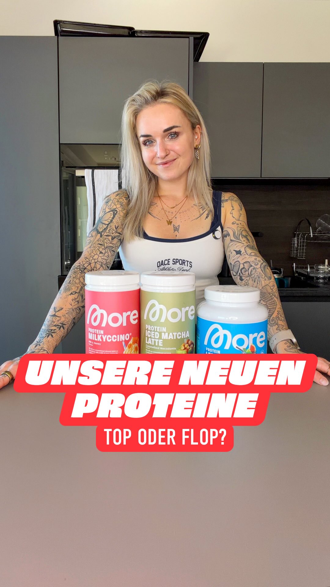Instagram post by @sarahs.healthylifestyle for More Nutrition. Caption reads: Anzeige | Die neuen MORE Proteine im Test 😱 Top....