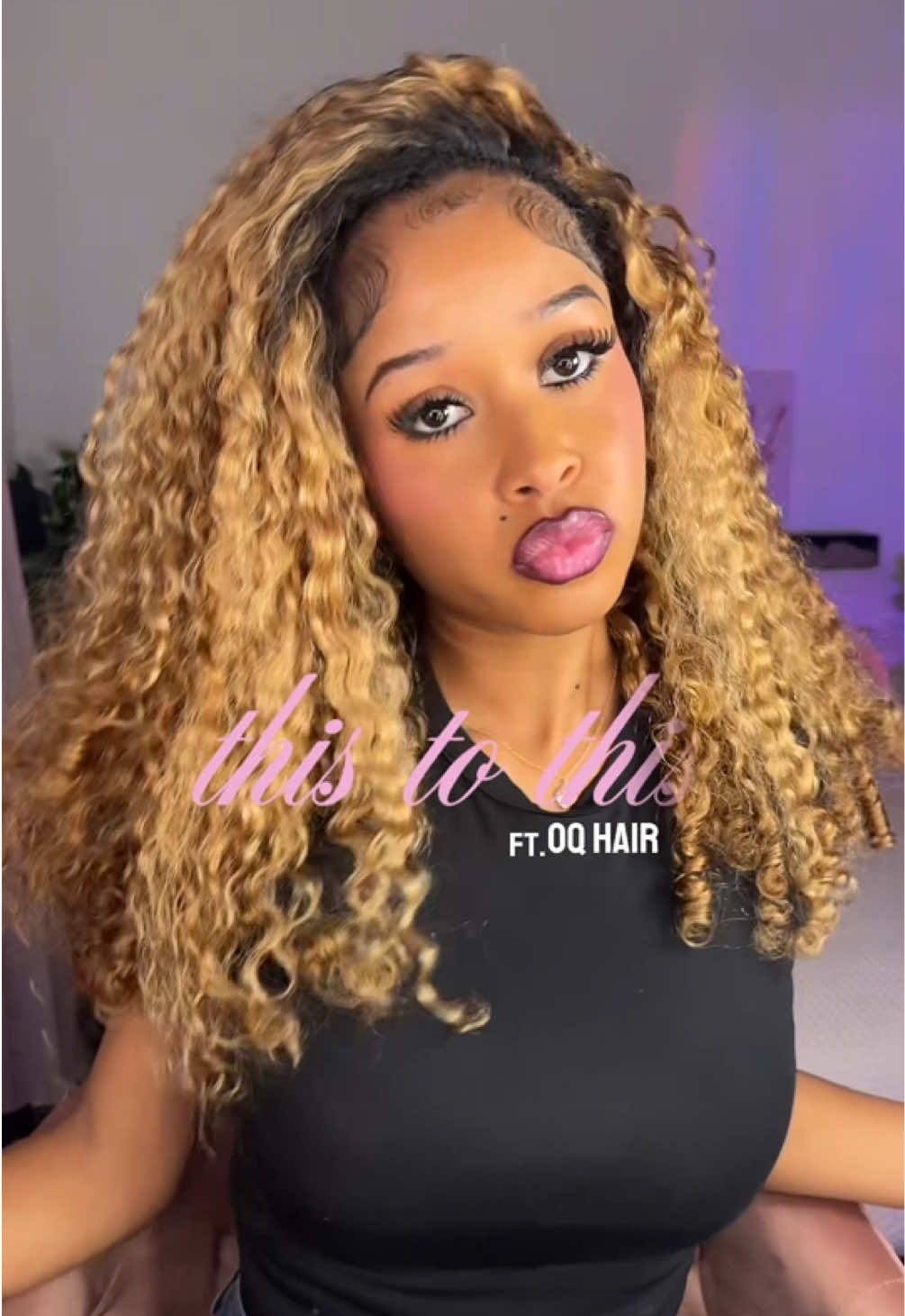 TikTok post by @bg.lay for OQ Hair Shop. Caption reads: @oqhairshop @OQHAIR OQ Hair Burmese Curl Half Wig....