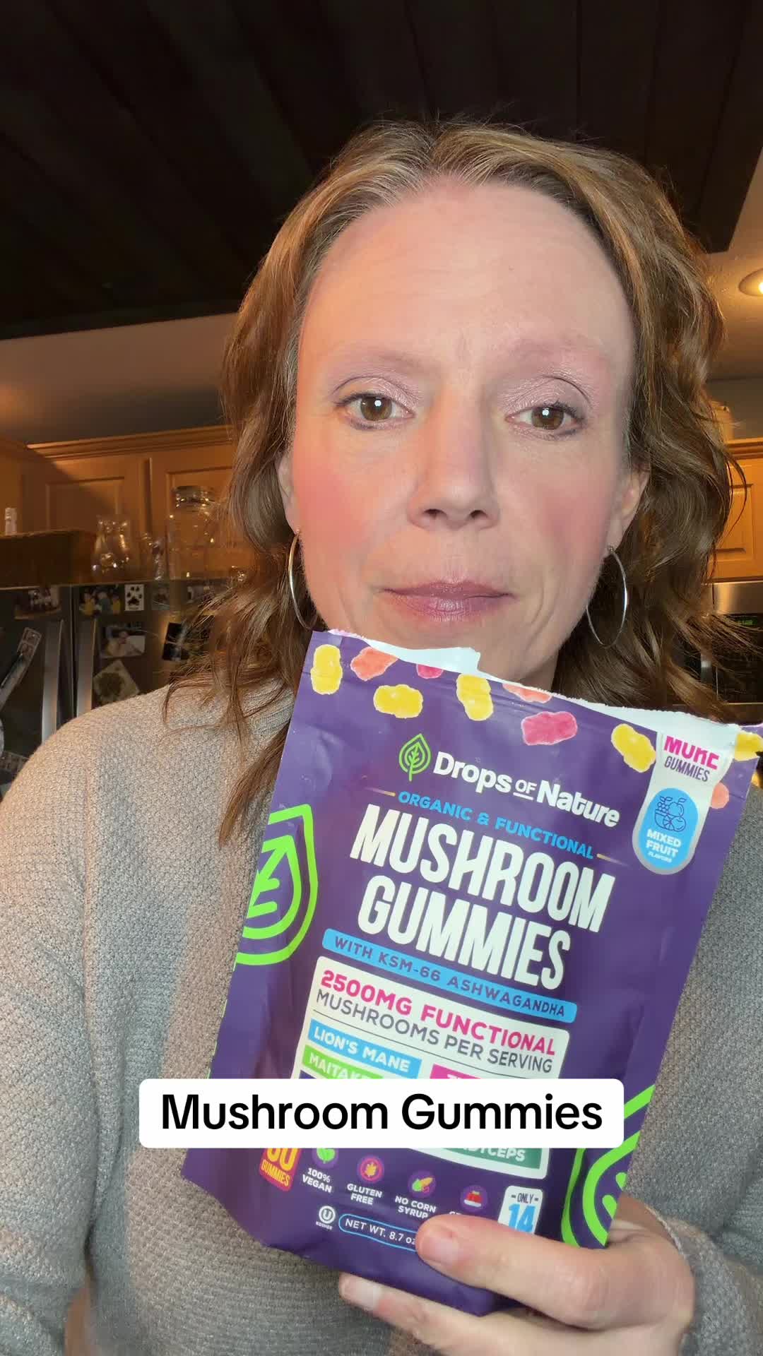 TikTok post by @amyjohighfield for Drops of Nature. Caption reads: #perimenopause #mushroomgummies #dropsofnature....