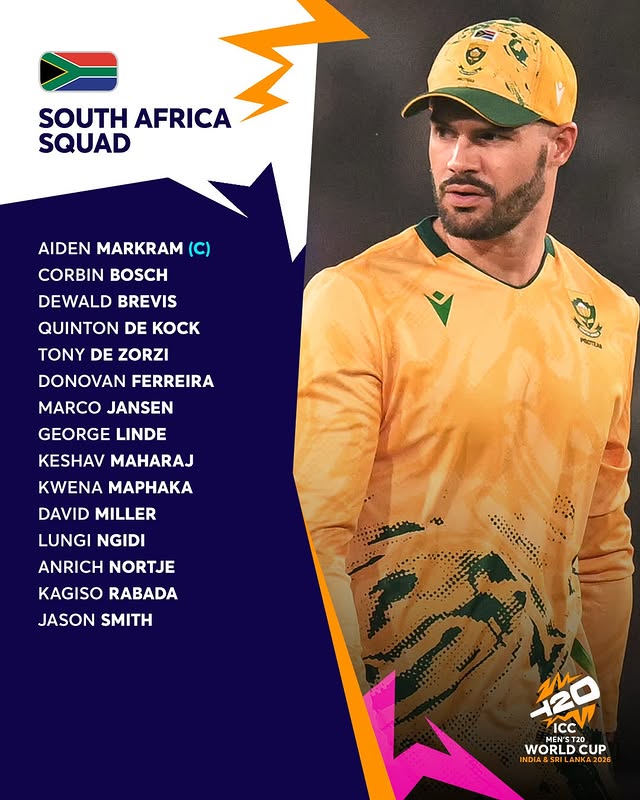Instagram post by @proteasmencsa for ICC T20 World Cup. Caption reads: Aiden Markram will lead an explosive 15-member....