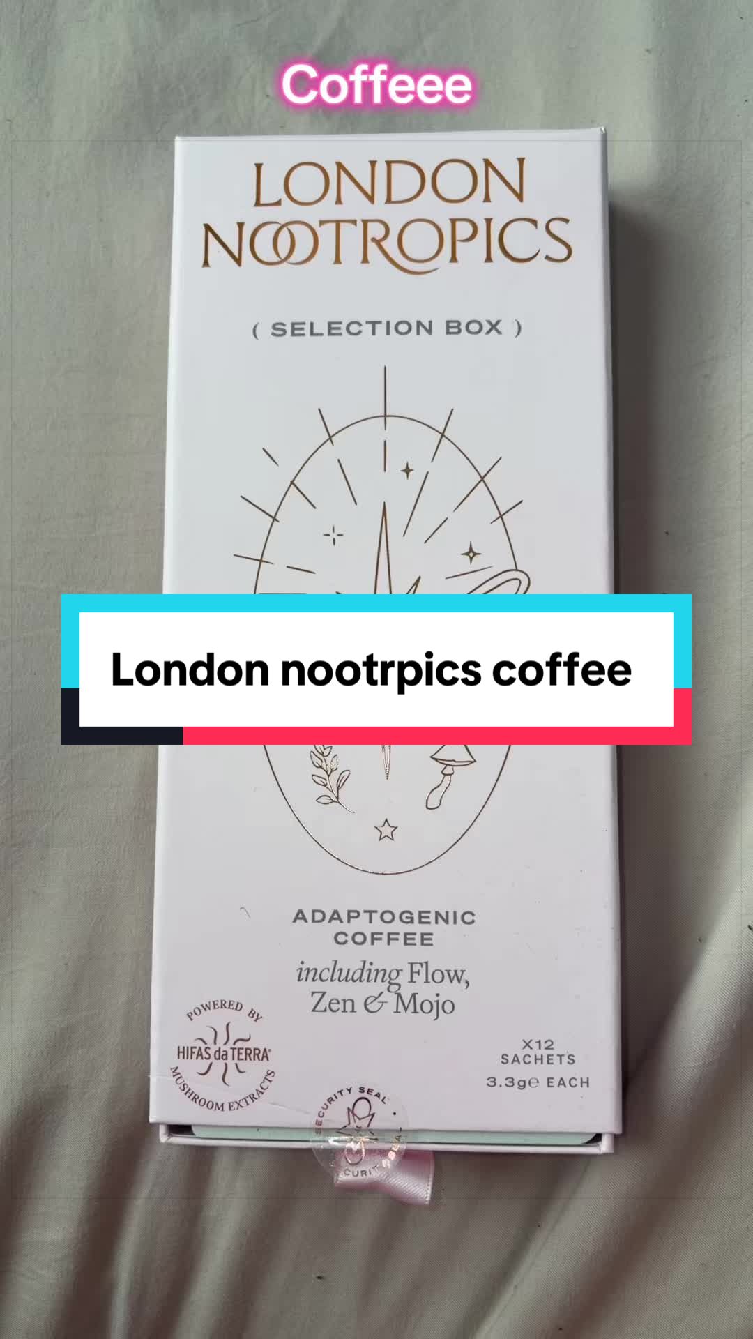 TikTok post by @lifewithyazx for London Nootropics. Caption reads: [...] box ! #coffee #coffeeselectionbox....