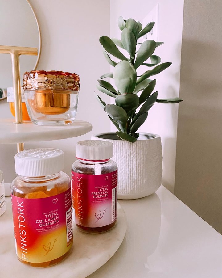Instagram post by @stylecontext for Pink Stork. Caption reads: [...] in gummy form? I've been taking @pinkstork....