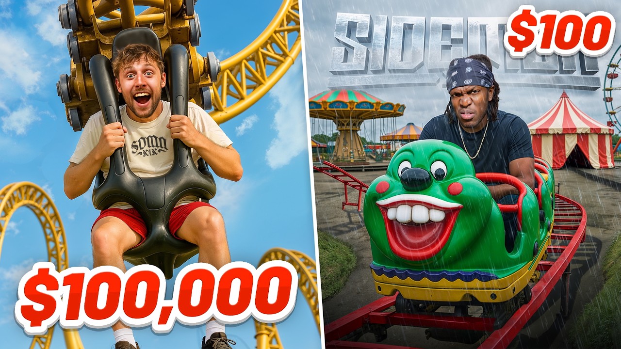 YouTube post by @Sidemen for XIX Vodka. Caption reads: SIDEMEN $100,000 VS $100 THEME PARK (EUROPE....