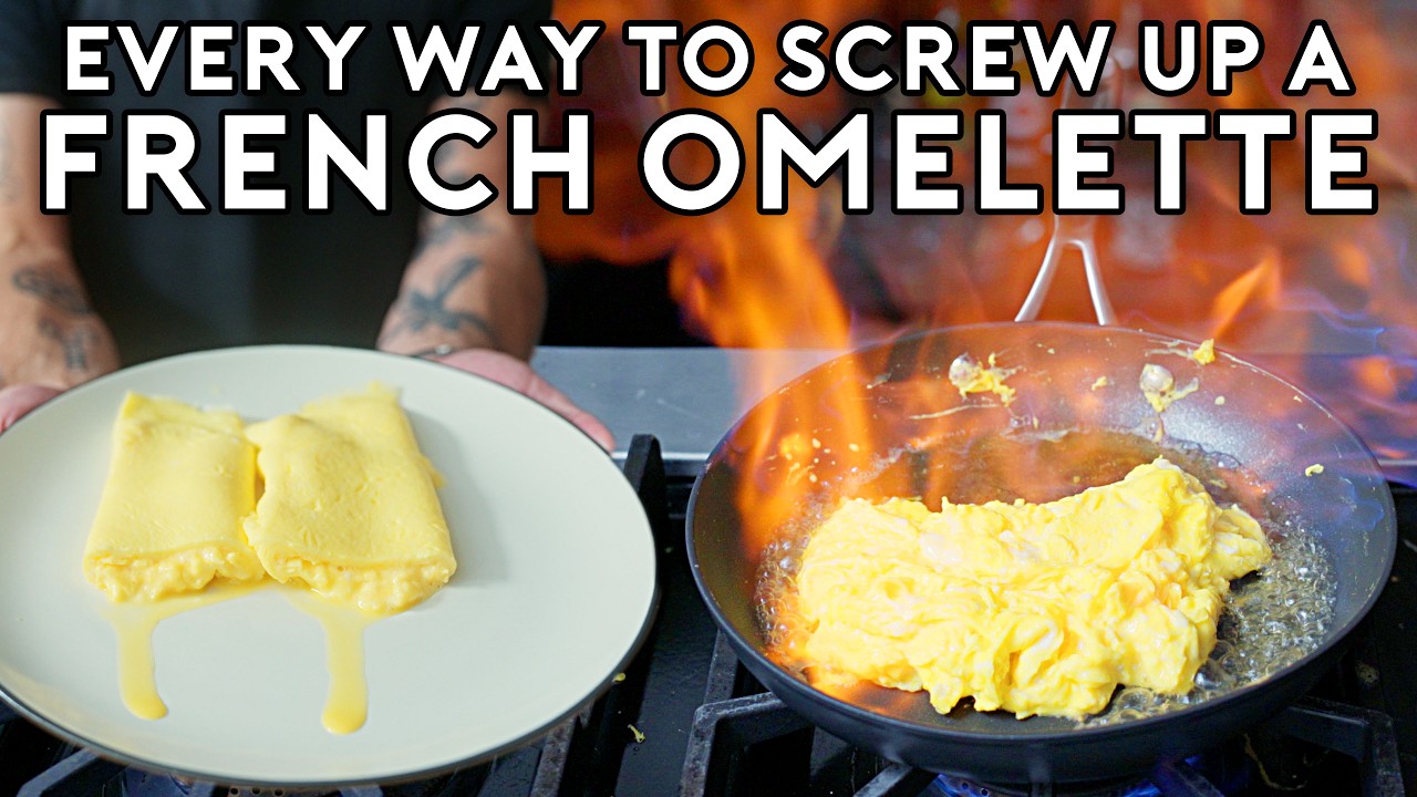 YouTube post by @bingingwithbabish for Danish Creamery. Caption reads: Every Way to Screw Up a French Omelette | Botched....